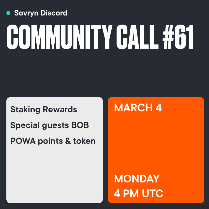 SovrynBTC's tweet photo. 1/
Community Call #61!

Join us on Discord Mar 4th, 4 PM UTC. 

We'll discuss Sovryn's staking rewards, POWA points and token and have B.O.B. as special guests. Q&amp;A at the end.  

See you on Discord, link in the next comment ⬇️ https://t.co/67PBYH2IYv