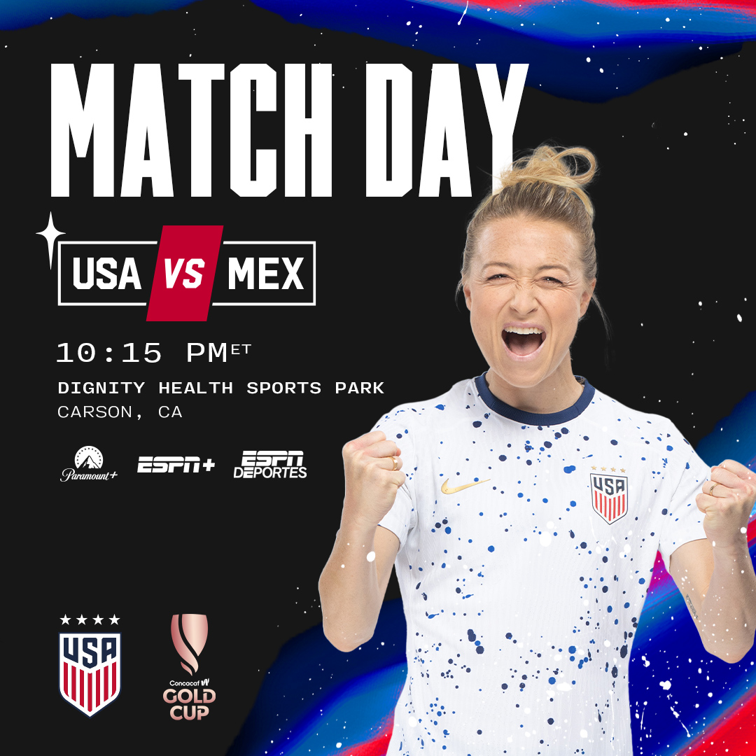 USWNT's tweet photo. HAPPY MATCH DAY! ⚽️🇺🇸
Playing for the top spot in Group A. 

🇺🇸 USA vs Mexico 🇲🇽

10:15 PM PT
📍Carson, CA

📺 Paramount+ / ESPN+ / ESPN Deportes

Match Preview » https://t.co/9hQPrk9XRV https://t.co/dcLsCjIWPb
