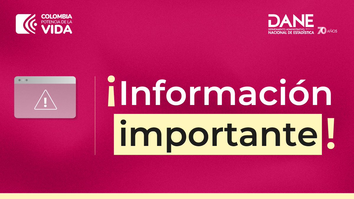 DANE_Colombia's tweet photo. 📌Estamos experimentando problemas de acceso a los #microdatos debido a actualizaciones en nuestro portal que buscan mejorar tiempos de respuesta de consultas en línea.
👀Nos disculpamos por los inconvenientes.
Trabajamos para resolver la situación lo más rápido posible. https://t.co/ykqEna0INd
