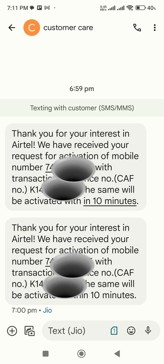 Can you please explain what is this?  i didn't apply for any Airtel number. Also this message is coming to my Jio number. I feel a security threat. Please reply immediately. I have already DM you. Didn't get any response yet.
<a href="/airtelindia/">airtel India</a> <a href="/Airtel_Presence/">Airtel Cares</a> <a href="/airtelnews/">Bharti Airtel</a> <a href="/Airtel/">Airtel</a>