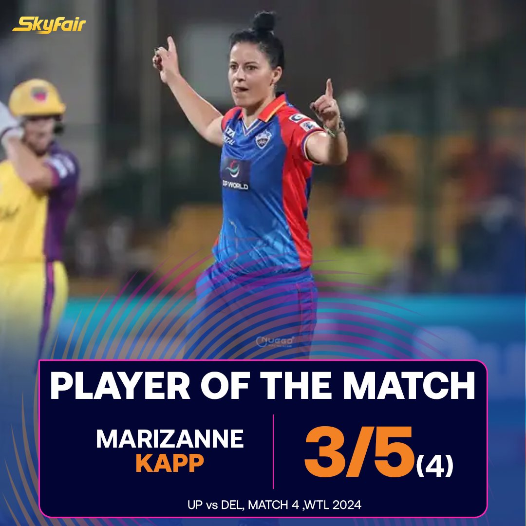 Marizanne Kapp is awarded the Player of the Match for her outstanding spell in the game.

#MarizanneKapp #WPL #womenscricket #T20Cricket #POTM #SkyFair