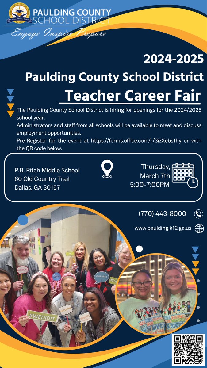 Share, Share, Share! The Paulding County School District is looking for educators to join our team for the 2024-2025 school year!! Join us for the PCSD Teacher Career Fair on March 7th at Ritch Middle School from 5:00pm-7:00pm. Click the link to register! forms.office.com/r/3izXebs1hy