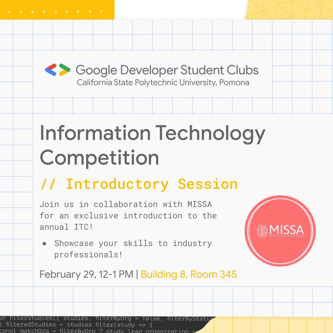 GdscCpp's tweet image. Get ready, Broncos!
Join us in collaboration with MISSA for an exclusive introduction to the Information Technology Competition!  Showcase your skills to industry professionals in this special competition.

RSVP below:
buff.ly/3VbsM4b