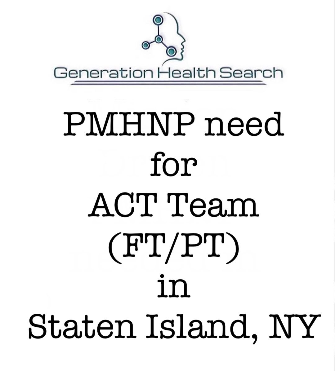 🔍 Join Our Team! PMHNP Needed for ACT Team on Staten Island. Competitive salary: $130,000.00 - $150,000.00 per year. Please share your updated CV/resume and relevant certifications with our recruitment team at recruiting@generationhealthsearch.com. #PMHNP #StatenIsland