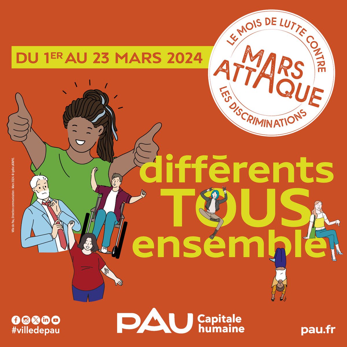 🎉Préparez-vous à Mars attaque 2024!🚀 
<a href="/Ville_Pau/">Pau, Capitale Humaine</a> &amp; ses partenaires proposent chaque année, de sensibiliser le grand public, à la lutte contre les discriminations.
📸+ de 90 actions de sensibilisation dans 40 lieux de la ville &amp; agglo
✅Programme : lnkd.in/eZbNwgtg