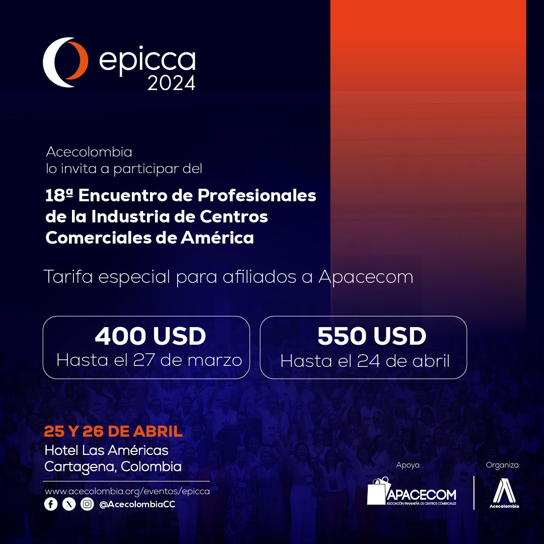 apacecompanama's tweet photo. Te invitamos a la edición N. 18 de encuentros de Profesionales de la industria de Centros Comerciales de América, en Cartagena Colombia, este 25 y 26 de Abril. no te lo pierdas. !!! https://t.co/rTtVixCpKB
