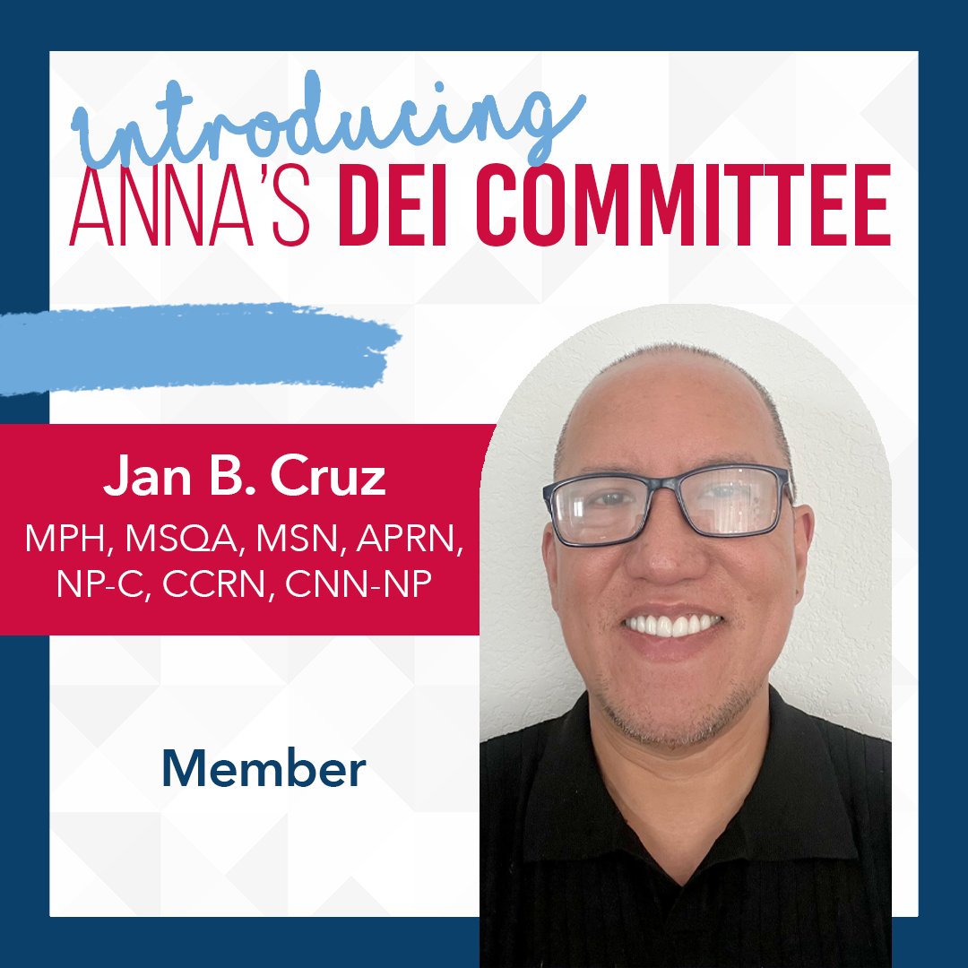ANNAnurses's tweet photo. Meet ANNA DEI Committee Member, Jan B. Cruz! Jan (he/him) is currently completing his Doctor of Nursing Practice at Missouri State University. In 2022, he was published in the Critical Care Nursing Clinics of North America.

Learn more on LinkedIn👇
https://t.co/8z7rGtLnrY https://t.co/Z5S21fvBwN