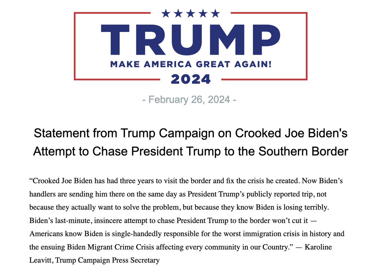 Crooked Joe Biden has had three years to visit the border and fix the crisis he created. Now Biden’s handlers are sending him there on the same day as President Trump’s publicly reported trip, not because they actually want to solve the problem, but because they know Biden is