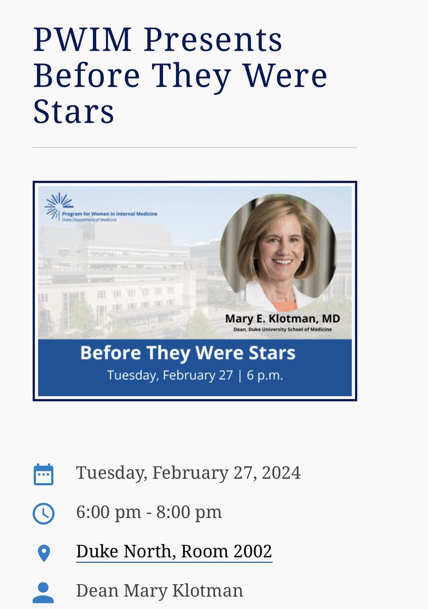 Can’t wait for @jennifer_rymer to talk with @MaryEKlotman tomorrow about her career at our kickoff Before They Were Stars event for #DukePWIM @dukemedicine - conversations about #WomenInMedicine are open to ALL in the Dept of Medicine. Join us!! @DukeMedSchool