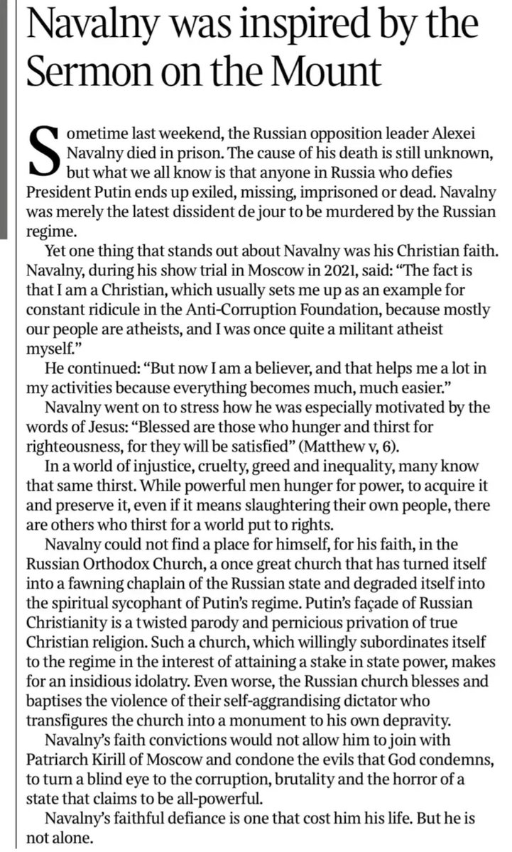 Christianity, far from being the opiate of the masses to accept oppression, is often the catalyst to defy Caesars, tsars, generals and dictators in the quest to realise biblical ideals of justice and peace.’ Michael Bird in the Times dit weekend, n.a.v. de dood van Navalny.
