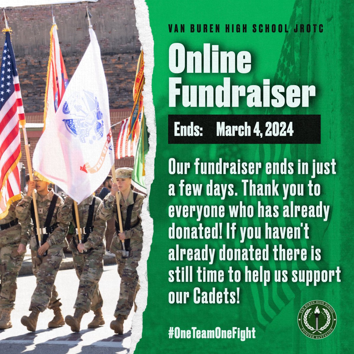 HOOAH! We have just a few days left to reach our goal! 

my.raisecraze.com/give/axqxru9 

#OneTeamOneFight #VBHSJROTC #PointerBattalion #PointerNation