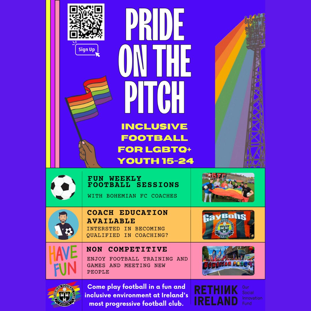 'Pride on the Pitch'🌈 We are delighted to be launching 'Pride on the Pitch' - a LGBTQ+ football initiative for young people who want to play football in a safe/inclusive environment.⚽️ 🖋️To sign up, scan the QR code and for any additional information please email