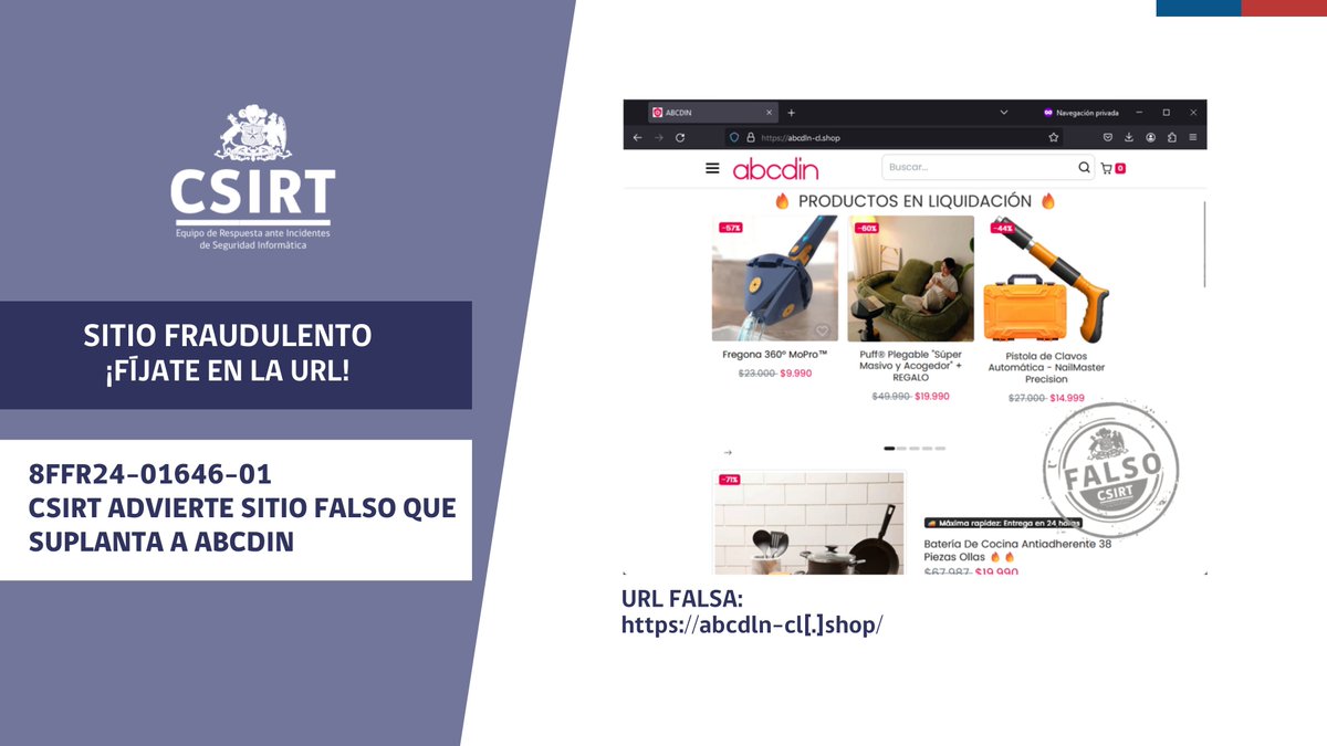 ANCIChile's tweet photo. ¡Atención! ⚠️Advertimos de un nuevo sitio fraudulento que suplanta a #ABCDIN
#NoHagasClick
Los detalles aquí: https://t.co/LUzZq16KO6
#ciberseguridad #CSIRTGob https://t.co/Ogk0g0HAwG
