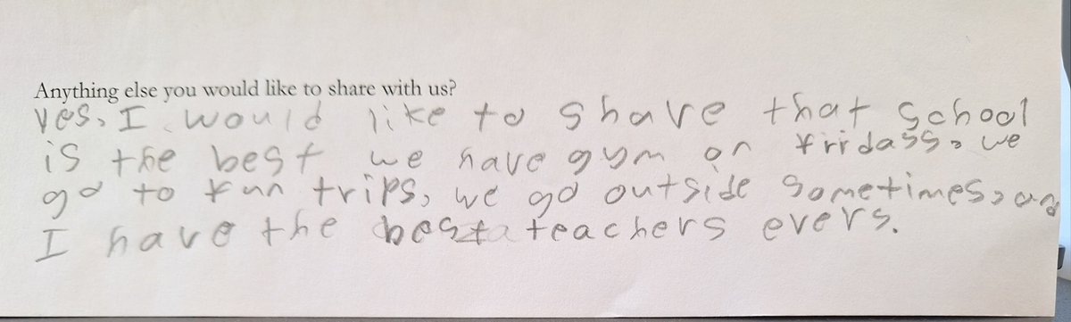 One of our 3rd grade classes visited the @ParkAveArmory for a wonderful opera recital workshop and they gave a feedback survey. Paige, we don't think that's what they meant but we're so glad you're boasting about P.S. 241 in the community!