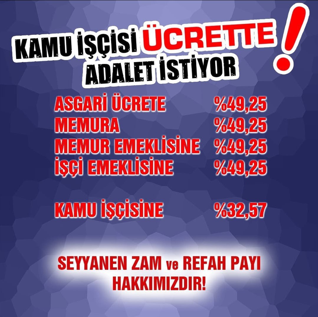 Kamuda örgütlü, örgütsüz bütün kesimlere yapılan iyileştirme +refah payını Kamu işçileri olarak bizlerde istiyoruz  

#iscideOYverecek