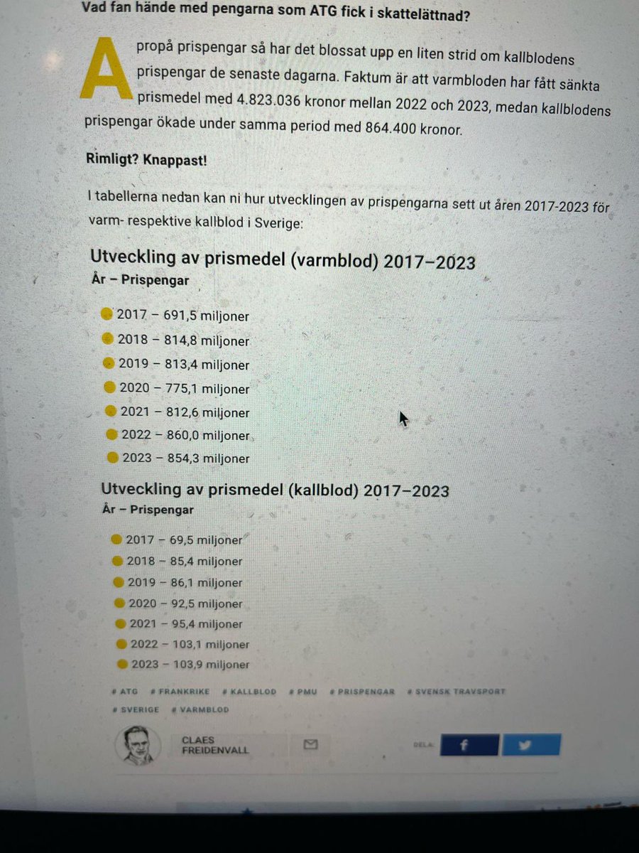 Eftersom vi inte har lika bra utredningstjänst som JOP &amp;Co verkar ha fick jag ta fram miniräknaren. Varmblod: +23,5%. Kallblod +49,5% de senaste 6 åren. Det är svart på vitt vad Adrians fråga handlar om. Punkt slut från Vomb.