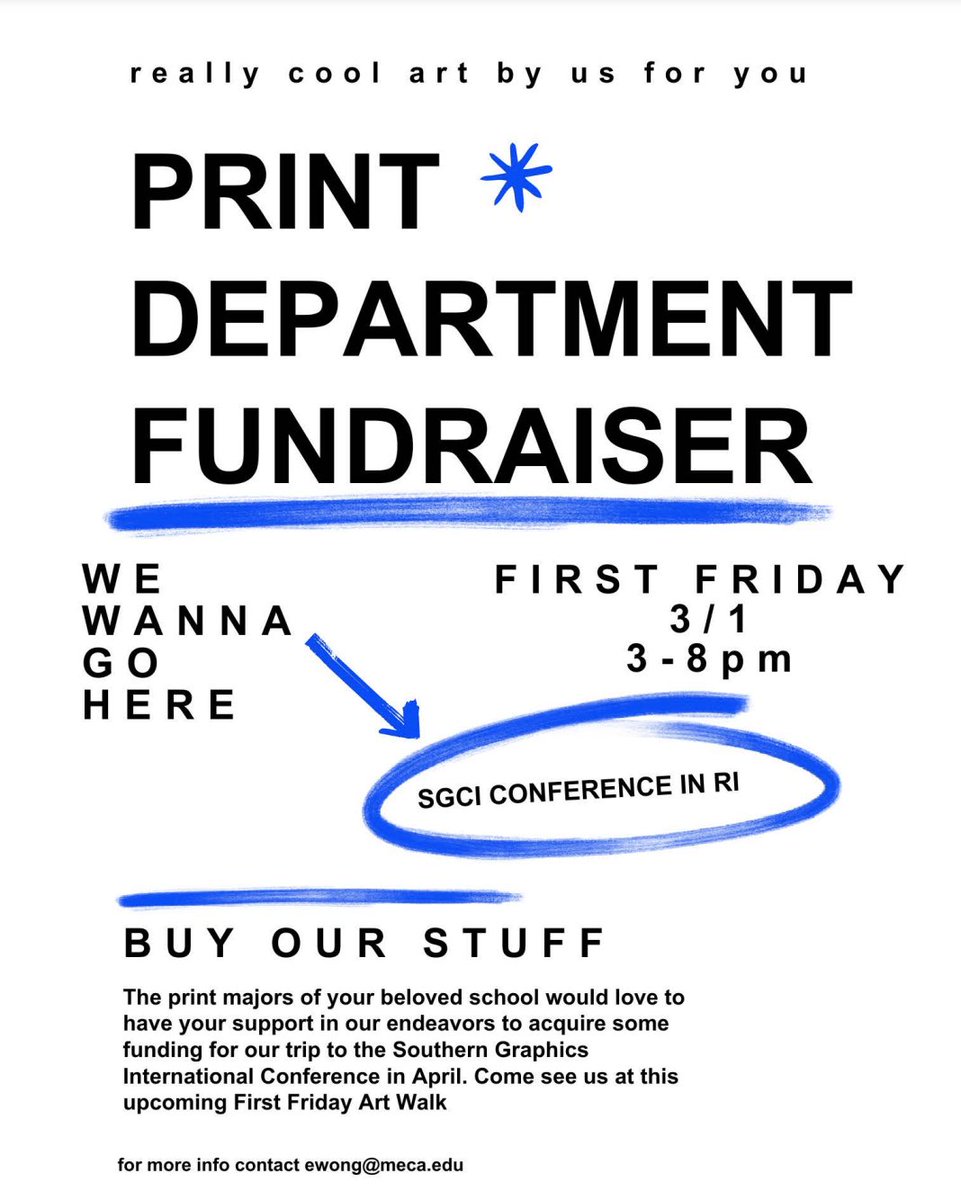 Our Printmaking majors will be hosting a fundraising table at the First Friday Art Walk on March 1 from 3:00-8:00pm. They're raising funds for their upcoming trip to the Southern Graphics Council International Conference in Providence, RI #FirstFriday #ArtWalk #MECA&amp;D #PortlandME