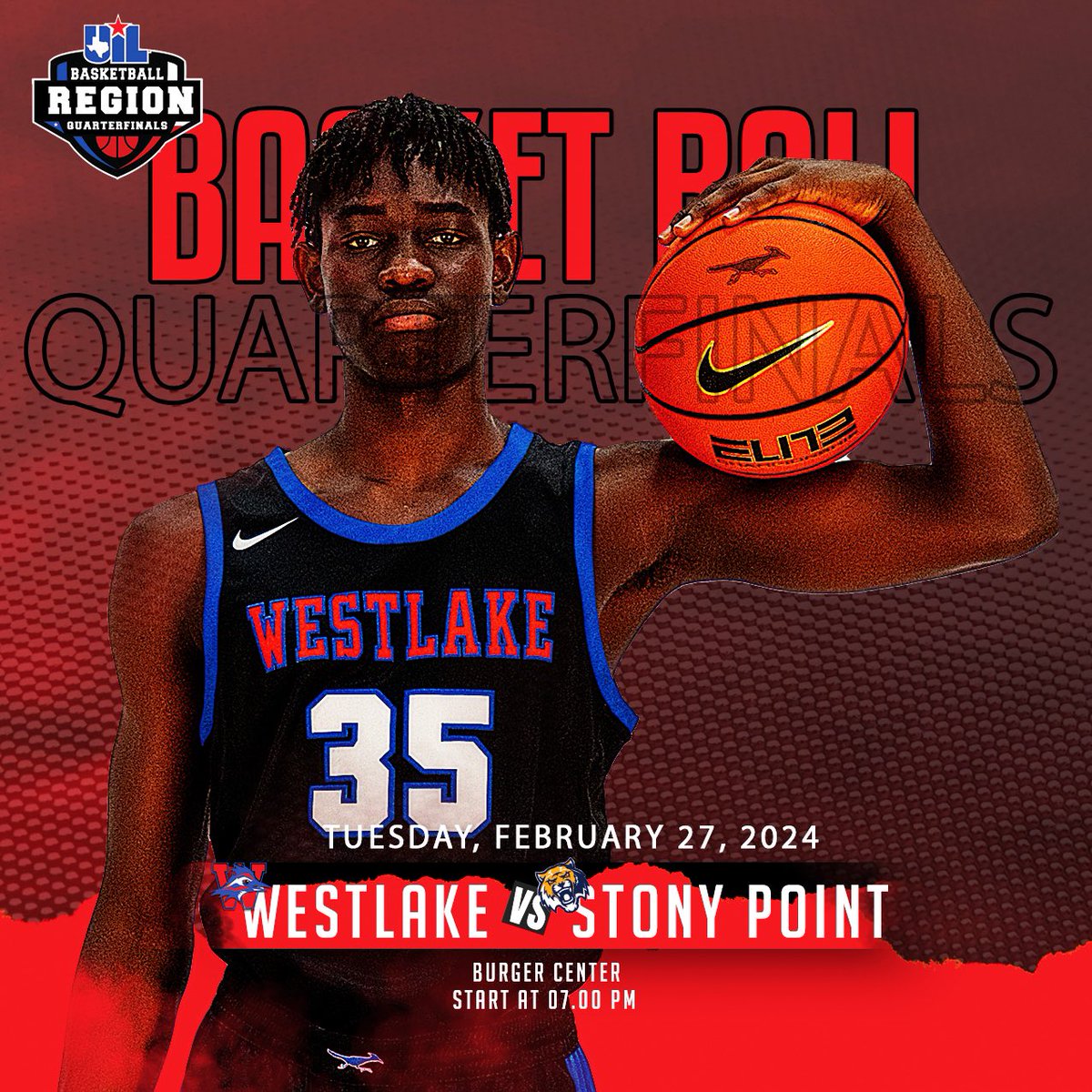 🚨🏀 BREAKING NEWS 🏀🚨

Westlake takes on Stony Point in the 6A Region IV Quarterfinal on Tuesday at Burger Center at 7pm. Get your tickets right now at the link below. #GoChaps

Get Tickets ⬇️
gofan.co/event/1428214?…