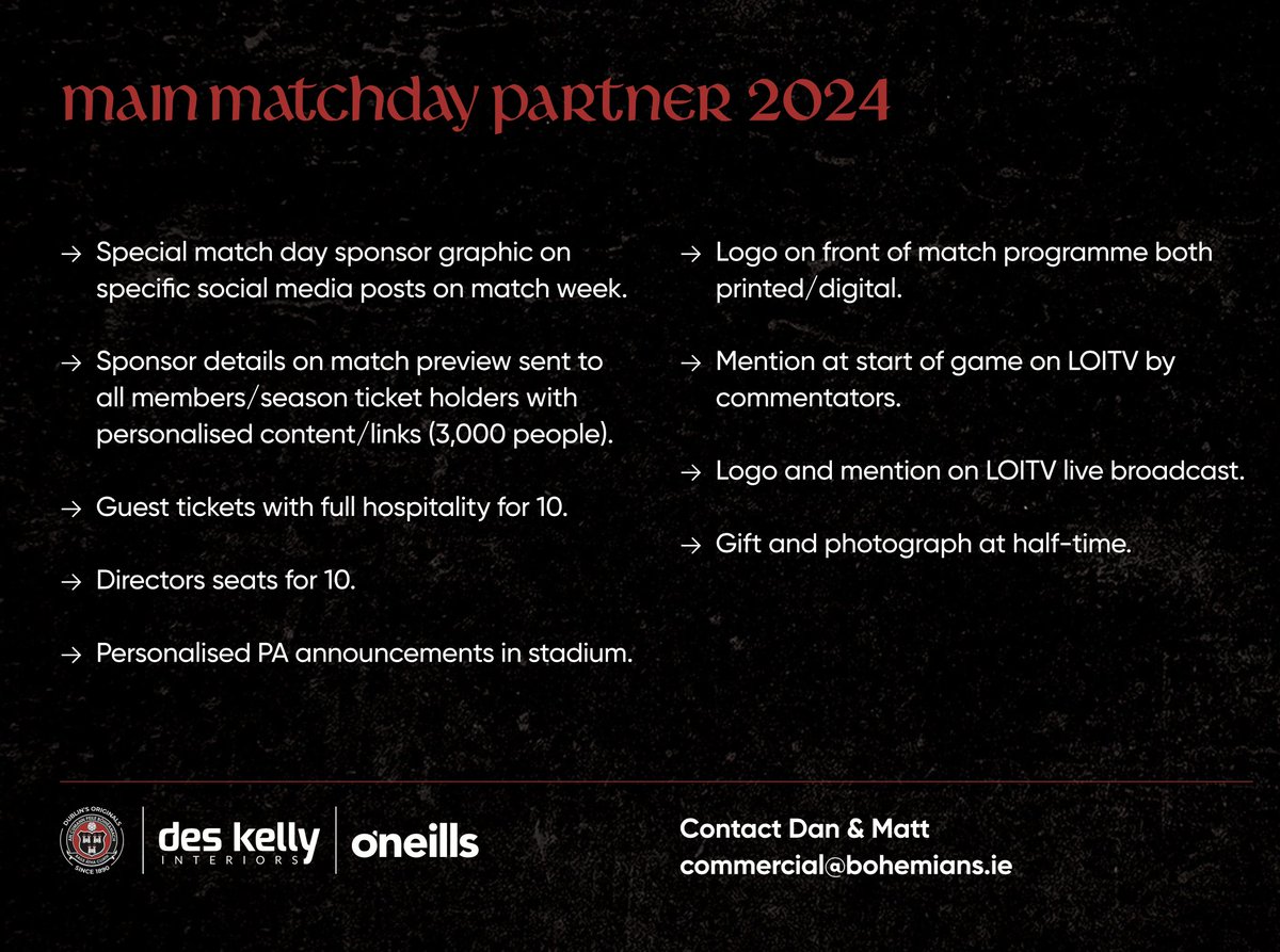 Daniel Lambert (@dllambo) on Twitter photo RTs appreciated
Due to a late change of date by a club partner, match sponsorship for this Friday's SOLD OUT game is available.
Great opportunity and great night out for a group!
Daniel@bohemians.ie RTs appreciated
Due to a late change of date by a club partner, match sponsorship for this Friday's SOLD OUT game is available.
Great opportunity and great night out for a group!
Daniel@bohemians.ie