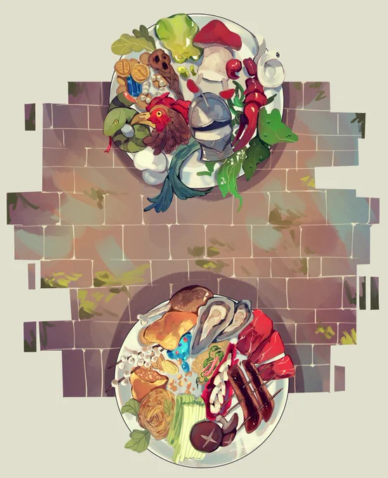 Hehehehe, something fun with Laios!Fun little standee~Base showing both the monsters and the food they get made into ^W^#dungeonmeshi 