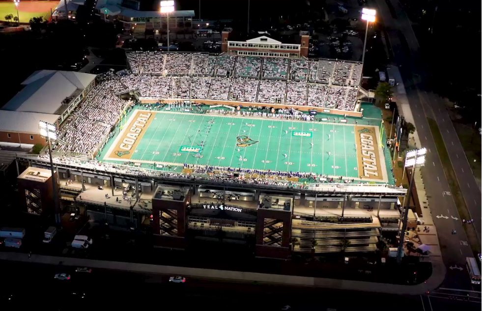 Brooks Stadium (Home of Coastal Carolina) Conway, SC - Capacity 21,000 - Opened in 2003 - Home of the teal field One of the most unique stadiums in the country with one of the G5 gameday atmospheres in all the nation.
