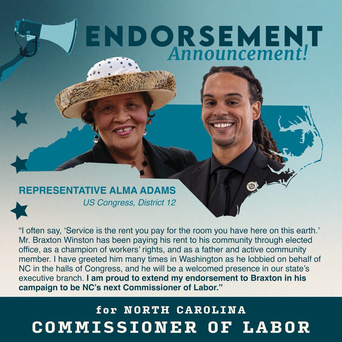 I have known and worked with Congresswoman Alma Adams for over a decade, and I am honored to have her endorsement.

Rep. Adams' work on behalf of HBCUs, Black maternal health, and NC's agricultural sector promises to improve the conditions for all North Carolinians. I am grateful