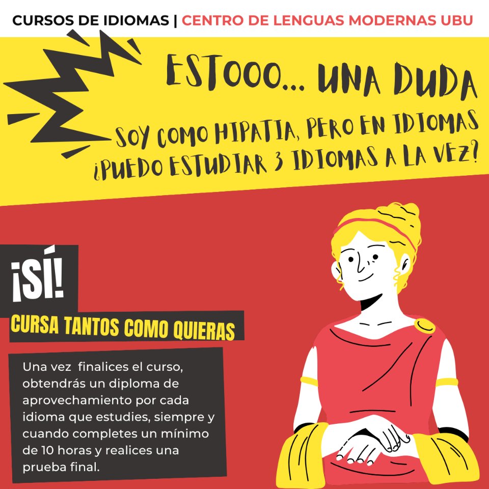 #Cursos_UBU | CURSOS GRATUITOS DE IDIOMAS
(6/7)
Y si tenéis ánimo y tiempo ¡varios idiomas a la vez!

►ubu.es/centro-de-leng…