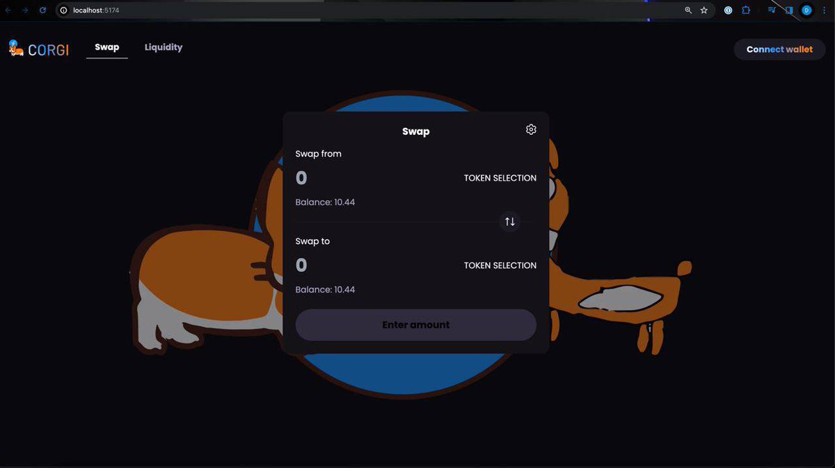 CORGISWAP PROGRESS 

We mainly was working on logic part but already started frontend !!!

we are connecting now contracts etc and working on layout now !!

$Corgi #Filecoin $Fil <a href="/Filecoin/">Filecoin</a>