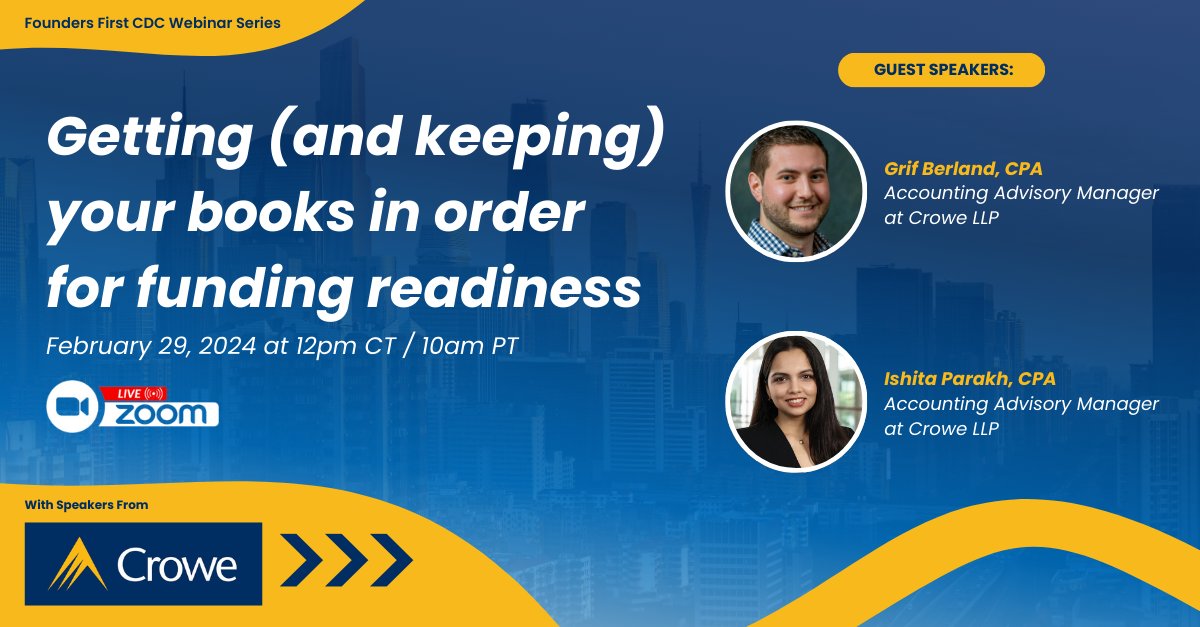 Join us this Thursday, February 29 at 12pm CT / 10am PT for a webinar with Crowe LLP Accounting Advisory experts, Grif and Ishita, who will provide insights on accounting basics, software considerations, audit/review engagements, and more. Register now: ff-cdc.org/3OZl88R