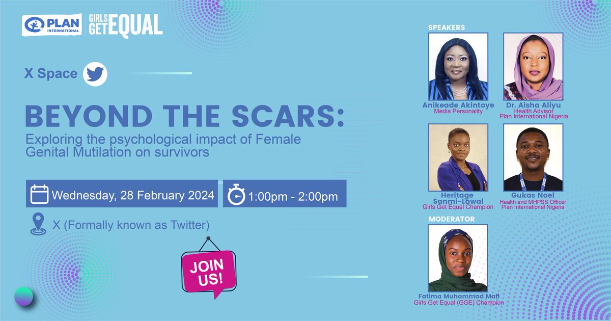 ⏳#Countdown *Plan International Nigeria * GGE Nigeria X-Space* As the anticipation builds for the D-day, meet our lineup of insightful speakers. 📅 Date: February 28, 202 🕐 Time: 1-2pm GMT+1 📍 Venue: X (formerly Twitter) Let's #EndFGM and #EndGBV in