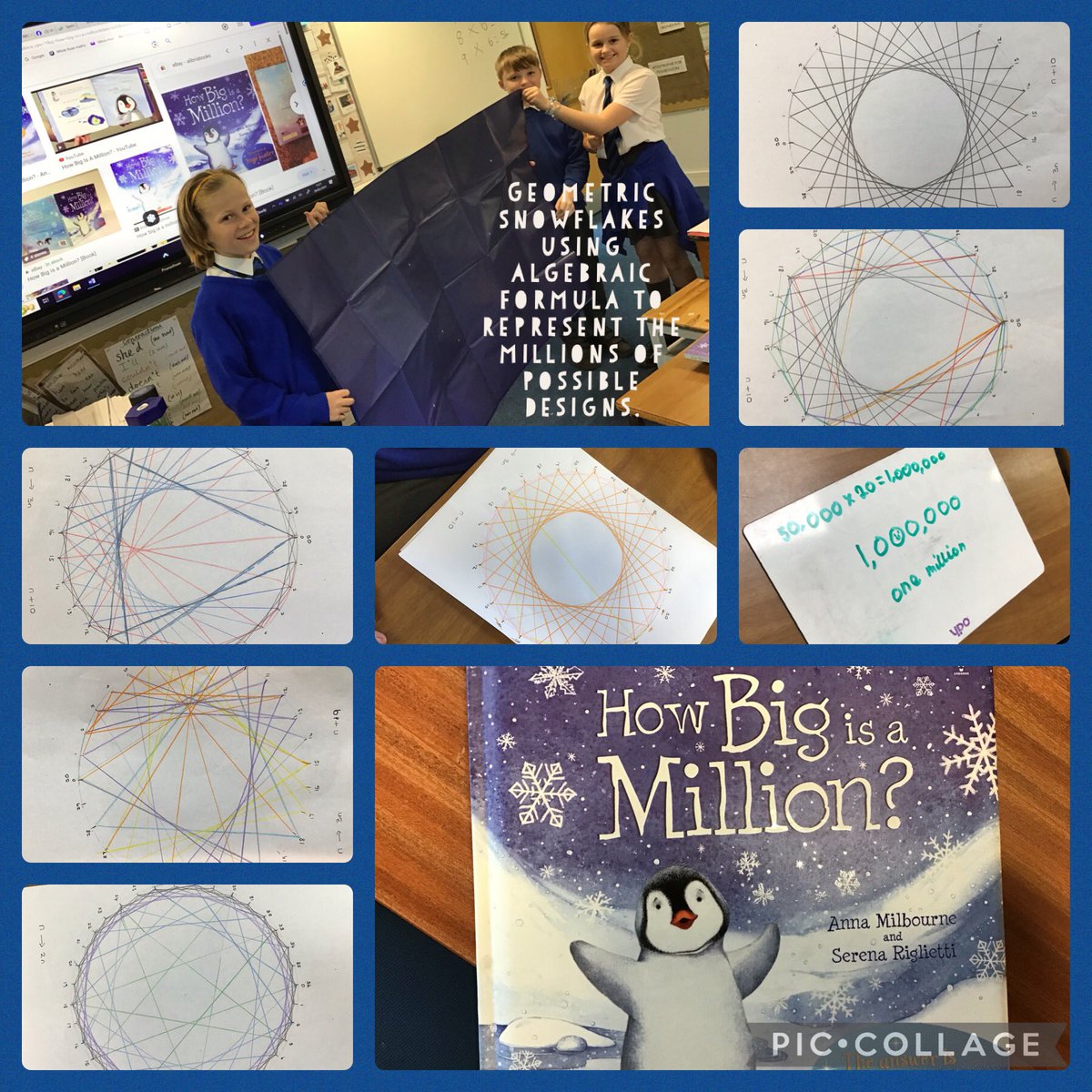 BroomfieldsJnr's tweet photo. 6PV were amazed to learn exactly how big one million is and we’re astonished that the story by Anna Melbourne shows one million stars at the end! We were inspired to design snowflakes to fit with the book’s wintry setting. #mathsthroughstories #Broomfieldsmaths https://t.co/WGpw7LoSIx