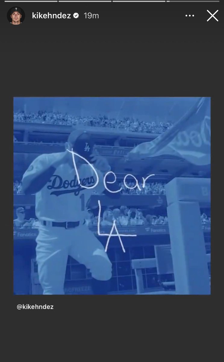 BlakeHHarris's tweet photo. Kiké Hernandez reposted his goodbye video to Dodgers fans from 2021 

The rare 2X "Thank you fans" post from a player https://t.co/3rfUC4qZeq