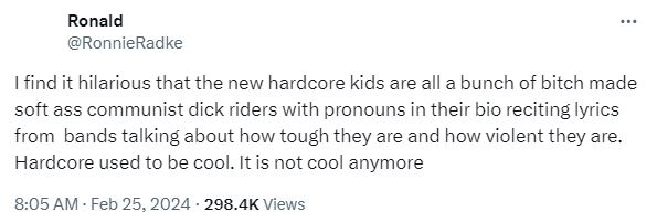 Who remembers when Radke was in a band that dressed like a dive bar Motely Crue tribute and writing lyrics like

"Sitting in this room, playing Russian roulette
Finger on the trigger to my dear Juliet"