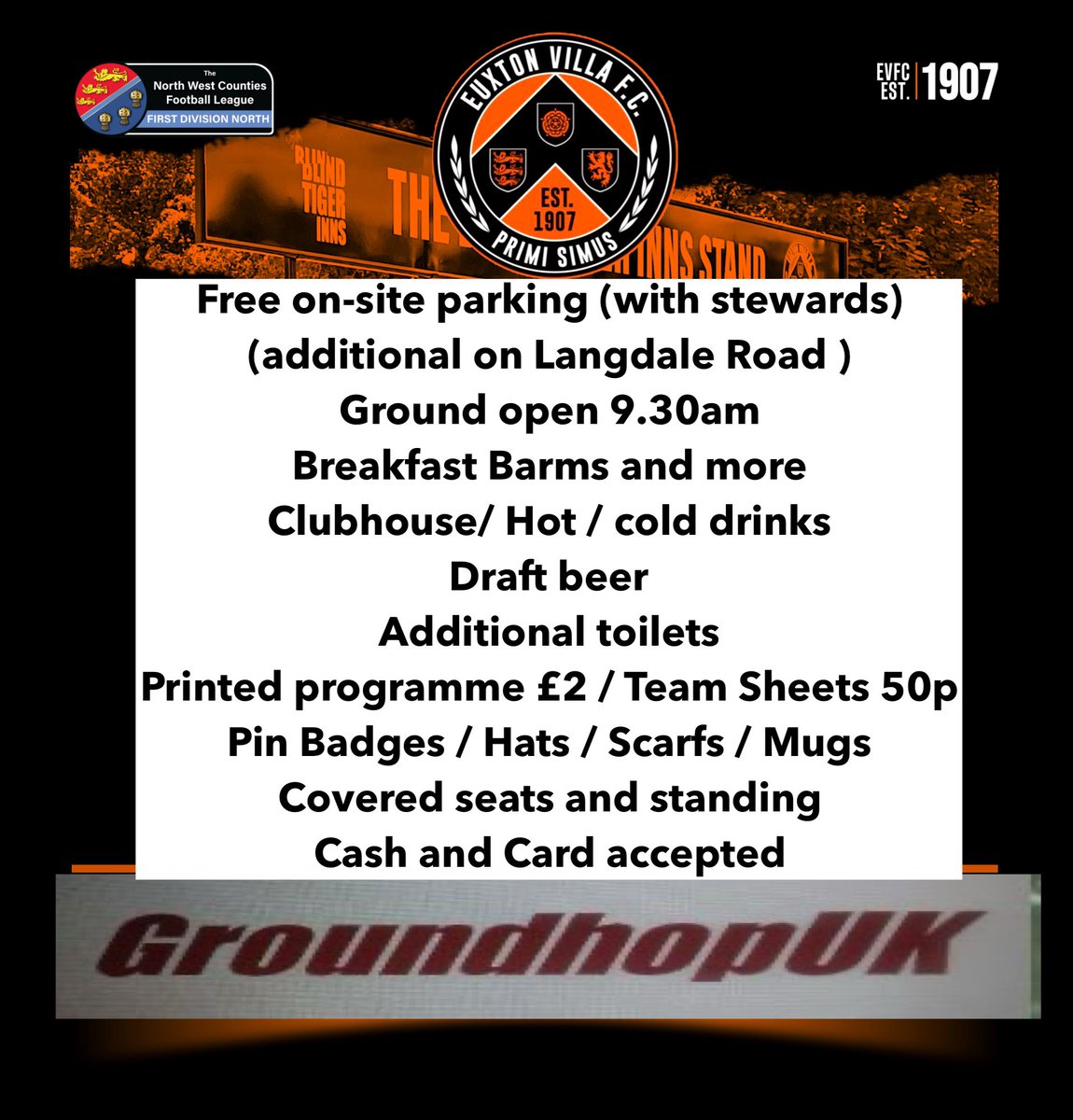 @NWCLHop2024 - match day information 
Build up to Ground Hop Sunday is well underway. Anticipating a very healthy crowd therefore get down early and enjoy the day
Very important league game v <a href="/DarwenFC/">Darwen FC</a> as we both look to get back in the play off position <a href="/nwcfl/">The NWCFL ⚽️</a>