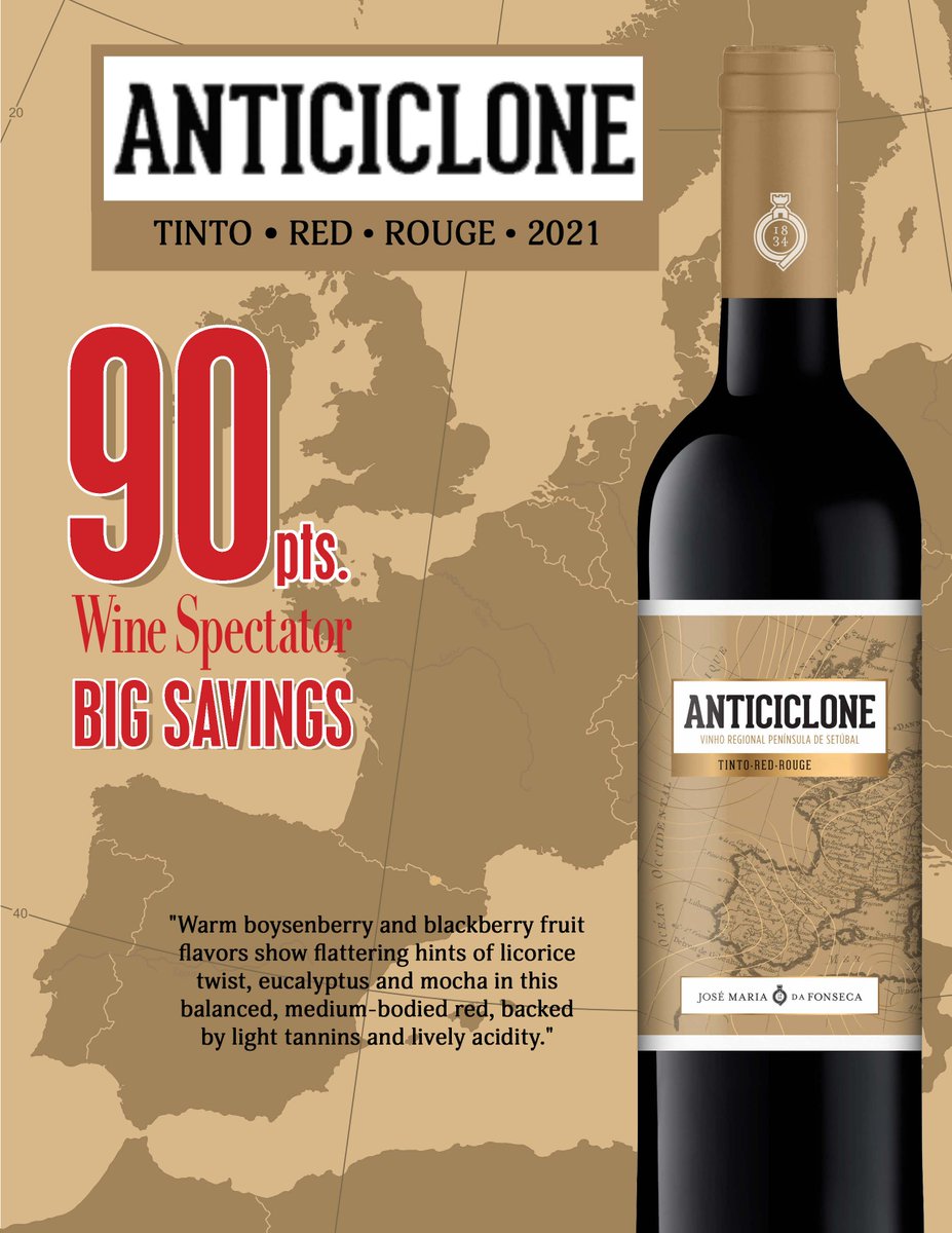 Here is a stunning red from the region of Península de Setúbal, Portugal. Anticiclone Red Blend received an amazing score of 90 points, Big Savings from Wine Spectator. 
#anticiclone #redblend #peninsuladesetubal #portugal #setubalpeninsula #winespectator #bigsavings