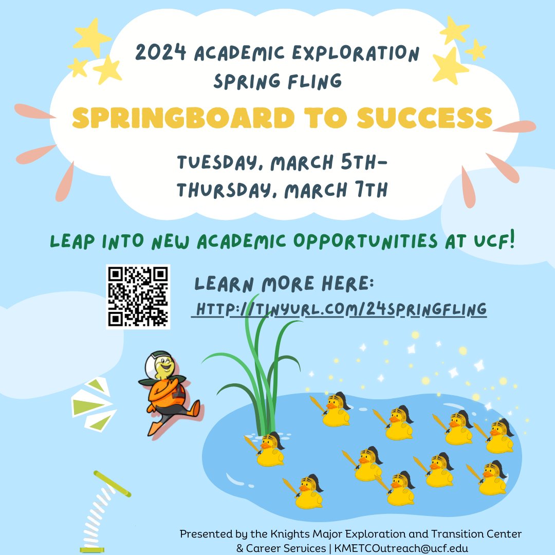 Learn about internships, majors, careers, and leap into new academic opportunities at UCF! Check out tinyurl.com/24springfling for schedule of events. #ucf #ucfknights #kmetc #ucf26 #ucf27 #chargeon #goknightsgo #AESF