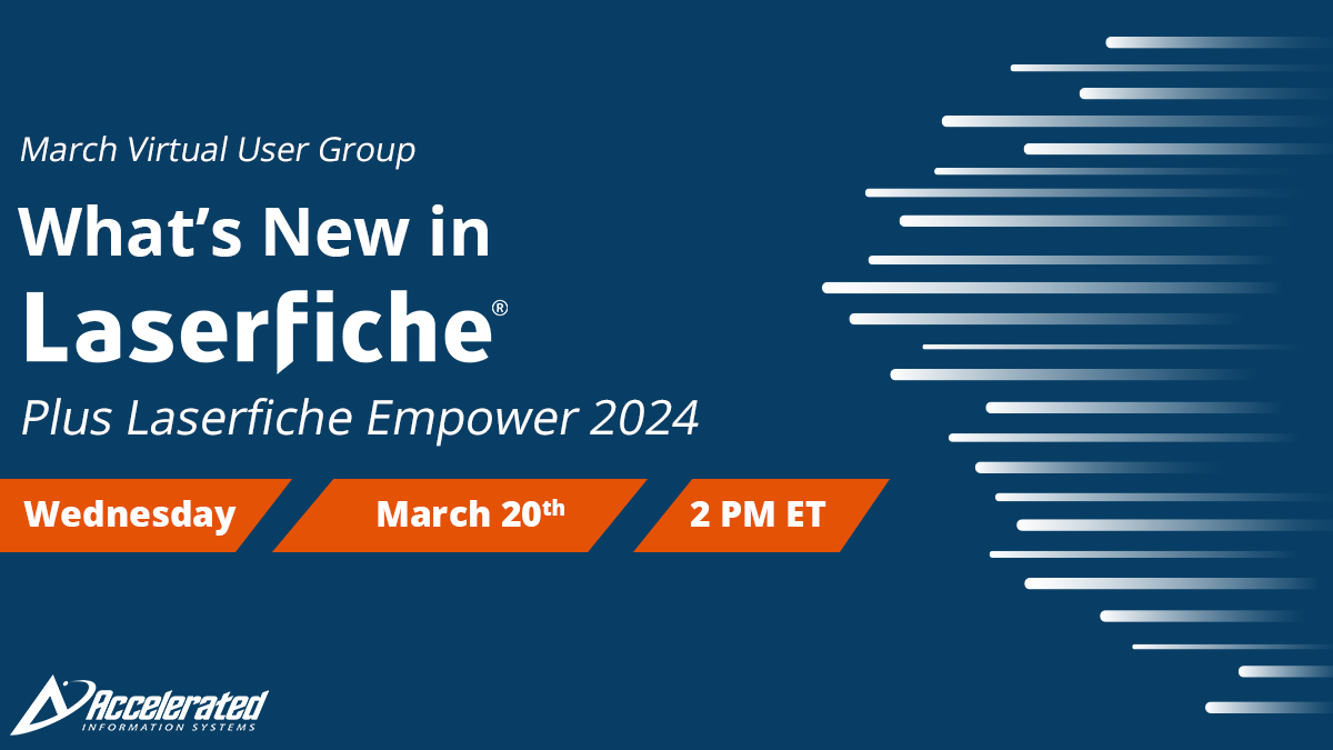 AISWW's tweet photo. The countdown to @Laserfiche Empower has officially begun! Get a #preview of Empower, plus a look at what's new in Laserfiche during our March #VirtualUserGroup: https://t.co/6fxd2ORgqY https://t.co/I0urFYZav1