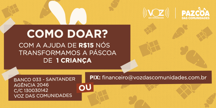 vozdacomunidade's tweet photo. Estamos arrecadando doações para tornar a Páscoa de muitas crianças mais feliz e memorável. Contribua com o seu coração, DOE QUALQUER VALOR. 🐇

Pix: financeiro@vozdascomunidades.com.br

Cada doação conta! 💖 https://t.co/5JelAxrP6A