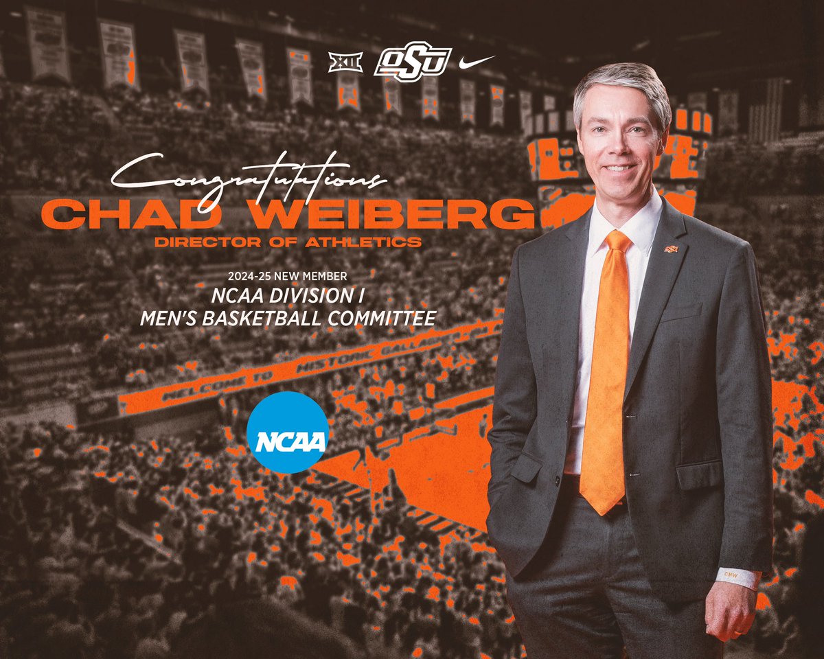 Congratulations, <a href="/ChadWeiberg/">Chad Weiberg</a>!  Oklahoma State Athletics Director Chad Weiberg has been appointed to the NCAA Division I Men’s Basketball Committee for a five-year term effective Sept. 1. #GoPokes