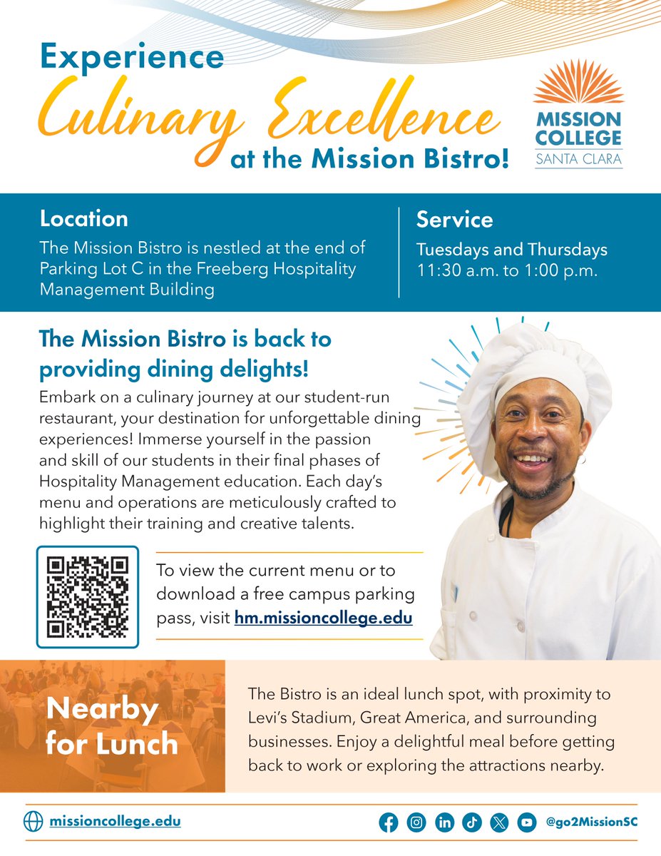 🍽️Mission Bistro is back to providing dining delights! Our students are ready to wow your taste buds with their culinary expertise starting this Tuesday, Feb. 27! Each day's operations are crafted to showcase their training and creative talents. Menu: missioncollege.edu/depts/hospital…