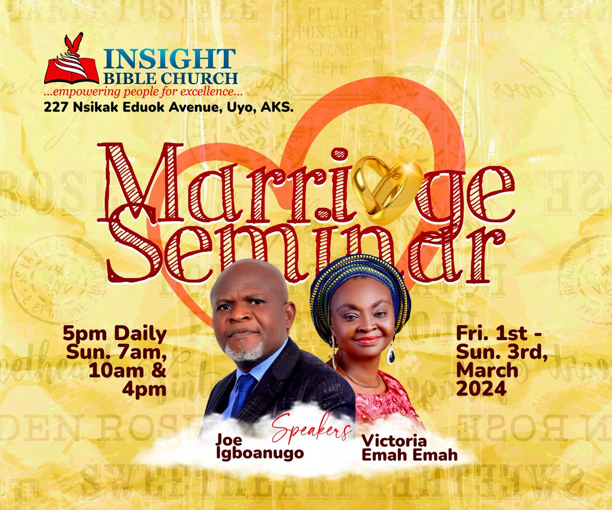 InsightBCHQ's tweet image. Marriage is the foundation for the Family; and the Family, the Foundation for the Society.

 It is the responsibility of your spouse and you to secure your marriage and make sure it works by learning what to do and to do it.

Don't miss this gathering. #CoupleGoals #marriage