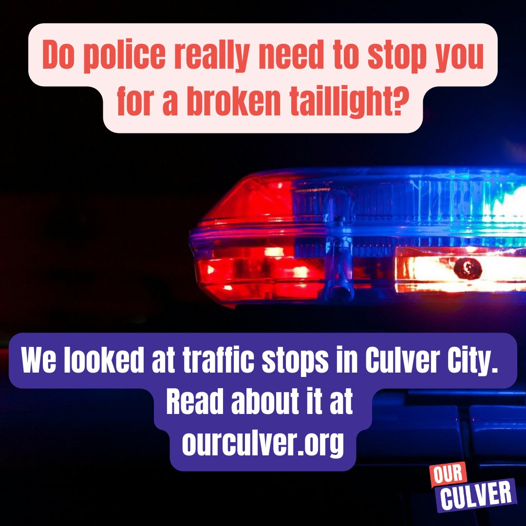 Have you ever been pulled over for a broken taillight? Expired registration? Maybe you thought it was the kind of thing that could've been handled by simply mailing you a ticket?

We took a closer look at how Culver City police make traffic stops: ourculver.org/blog/ccpd-traf…
