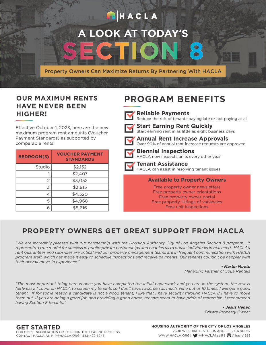 Property owners can maximize returns by partnering with HACLA ⭐! Take advantage of program benefits: ✔️reliable payments, ✔️annual rent increase approvals, ✔️tenant assistance. For more info or to begin the leasing process, contact HIP@hacla.org or 833-422-5248 📱.