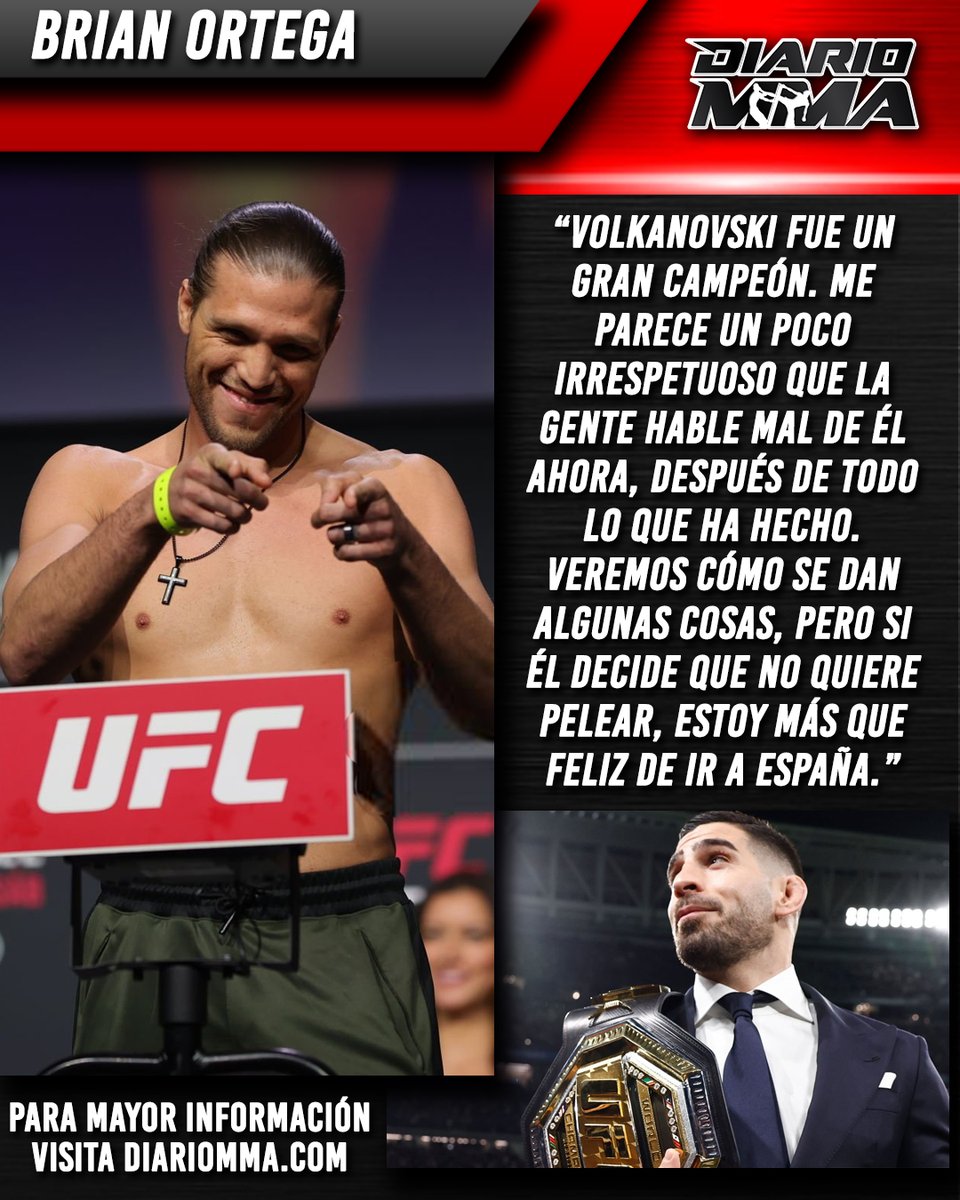 DiarioMma's tweet photo. Tras someter a Yair Rodríguez, Brian Ortega se dice dispuesto a ir a España a enfrentar al campeón Ilia Topuria, si Volkanovski no toma la oportunidad.
¿Te gustaría ver esta pelea?
#BrianOrtega #Ortega #TCity #IliaTopuria #Topuria #UFC #MMA #DiarioMMA https://t.co/VaVonLrBNJ