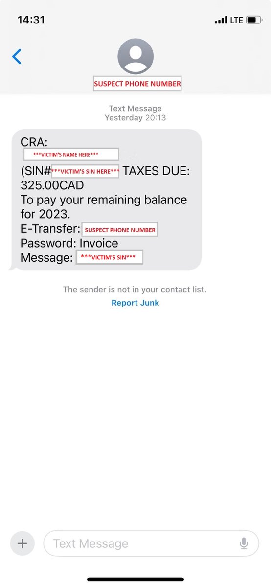 🚨Alert! CAFC is getting reports of text messages claiming to be from @CanRevAgency, using the victim’s full name and SIN, and asking for payment. Remember that the CRA won't ask for a payment via text message! For more info: canada.ca/en/revenue-age… #BeScamSmart