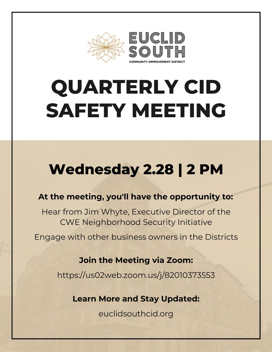Join us, this Wednesday for the Quarterly CID Safety Meeting. 

#stayinformed #stl #euclidsouth #euclidsouth