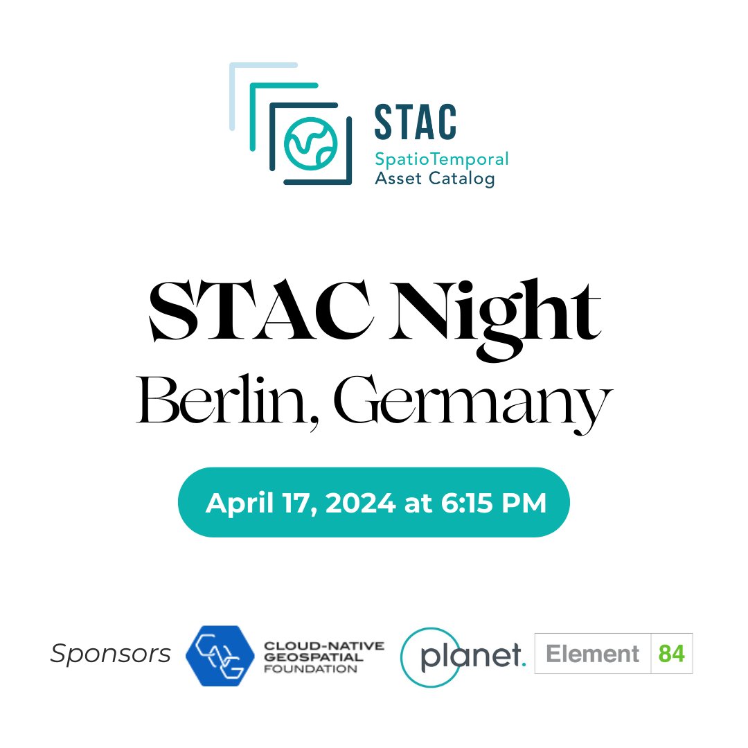 Calling all #Berlin-based #geospatial researchers, devs, or data providers! Join our in-person #STACnight for lightning talks & networking with @planet & @Element84. ▪️ Register & submit your talk (by April 9th) lu.ma/STACnight