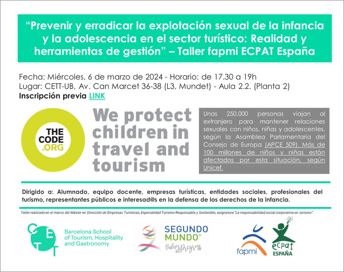 Segundo_Mundo's tweet image. Participa en el taller @FAPMI  @ECPAT para descubrir cómo podemos contribuir a erradicar y a prevenir la explotación sexual de la infancia y la adolescencia en el turismo. En el marco de la docencia de #pilimalagarriga en @CETT_UB inscríbete en este link cutt.ly/CwNE6ldp