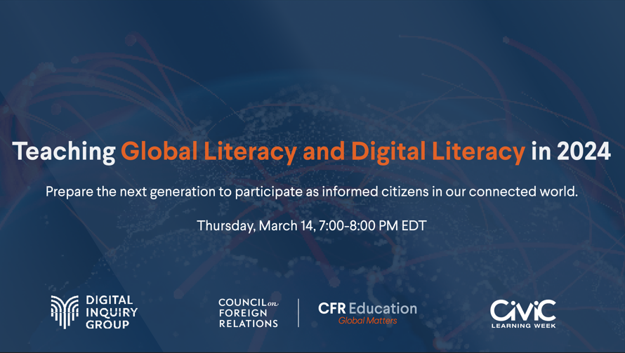 CFR_Education's tweet photo. Are you participating in #CivicLearningWeek?

Don’t miss our event with @InquiryGroup, where we will discuss strategies to build global and digital literacy in the classroom!

Participants will come away with free resources!

Register here ➡️ https://t.co/MV1dpr74tz https://t.co/421G6VZgd8
