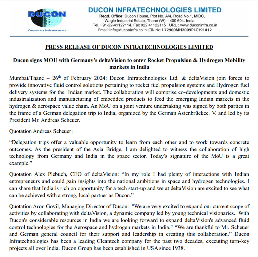 MarketVedantA's tweet photo. #Ducon signs #MOU with Germany’s #deltaVision to enter #Rocket_Propulsion & #Hydrogen_Mobility markets in #India https://t.co/4VGspSZJFw